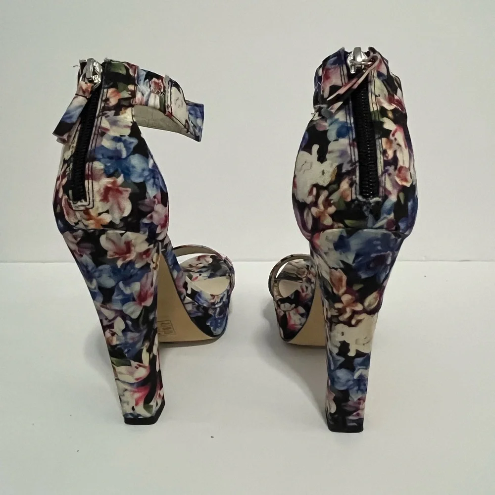 ALDO Floral Print Ankle-Strap Platform Heels - Blue, Pink, White - Picture 7 of 8